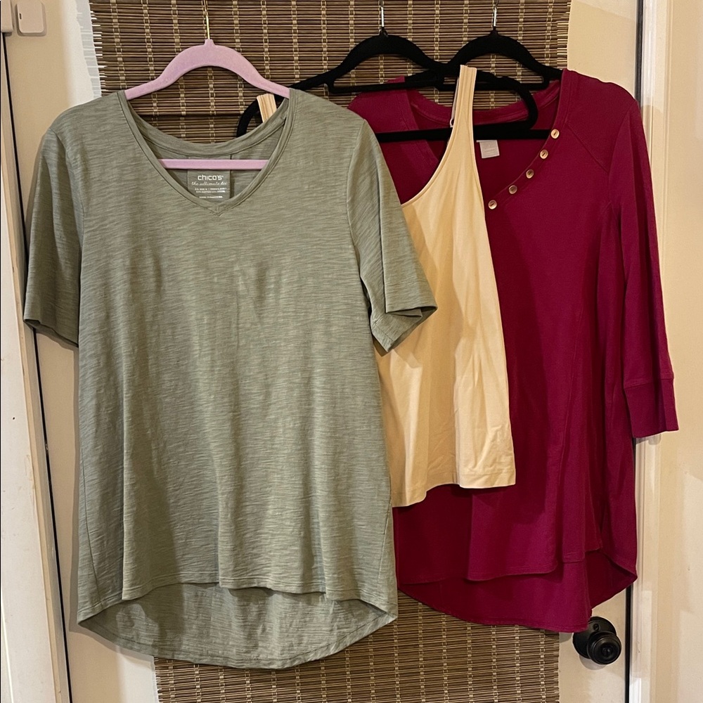 Chico's size 1 bundle Sage V-Neck Tee, Cream Tank & Berry Button-Accent Top